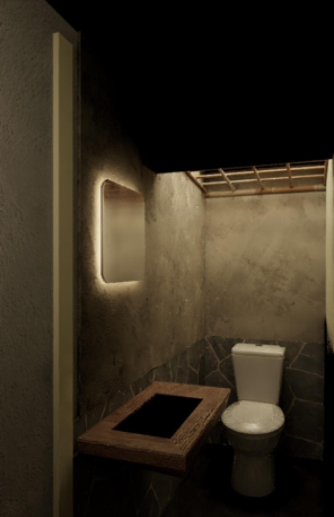 石と木材と竹で仕上げた御手洗